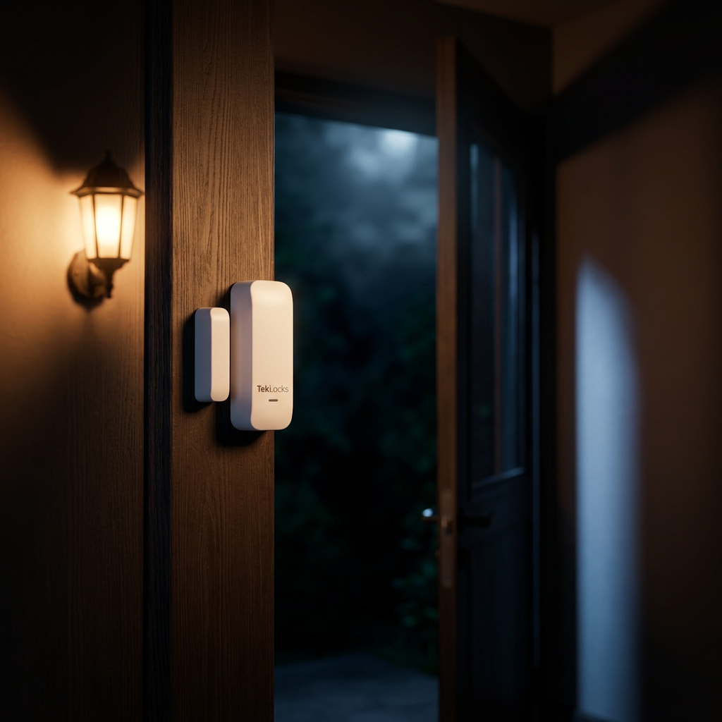 TekLocks smart door contact sensor mounted on a wooden door frame at night, lit by a warm porch lantern
