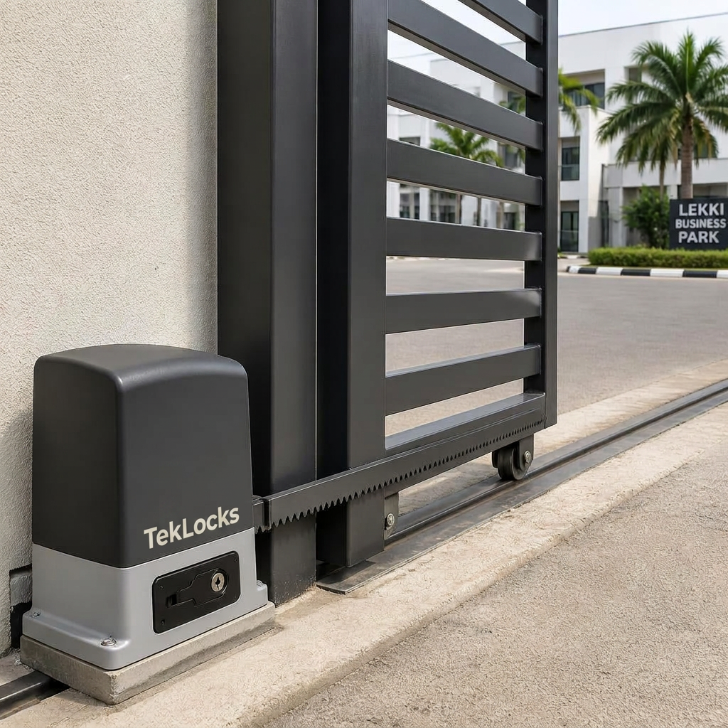 TekLocks automated rolling sliding gate opener motor on a modern estate horizontal sliding gate
